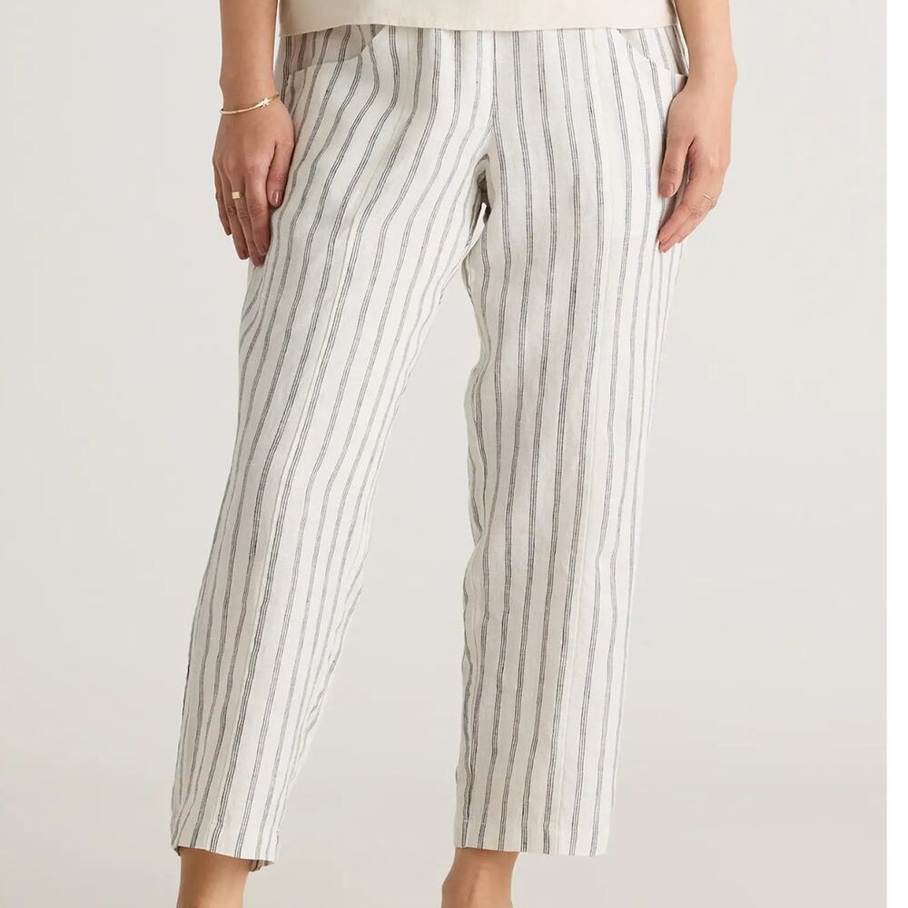 Quince 100% European Linen Tapered Ankle Pants Oatlmeal Black Sripes